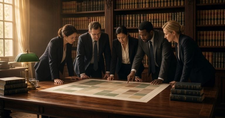 Lawyers from different practice groups reviewing a practice-area chart