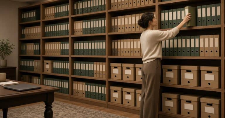 Legal assistant organizing client files before a law firm adopts AI
