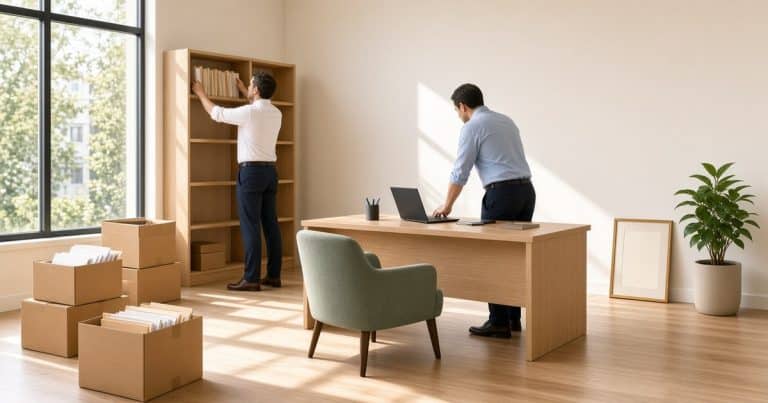 Lawyers unpacking files and setting up laptops in a new law office
