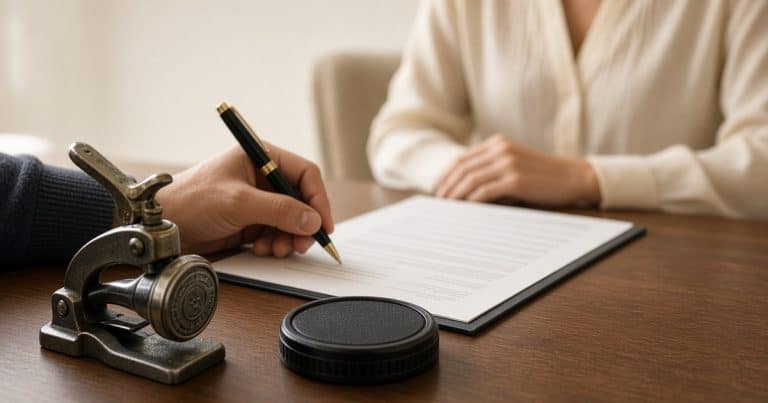 Notary public witnessing a client signing documents