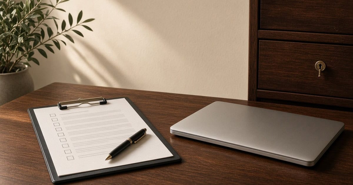 Security checklist and closed laptop on a law office desk beside a locked filing cabinet