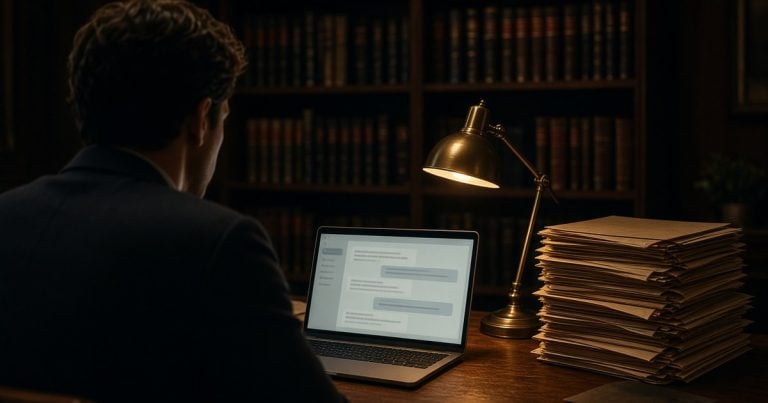 Associate in a dim law office with a chatbot open beside client files