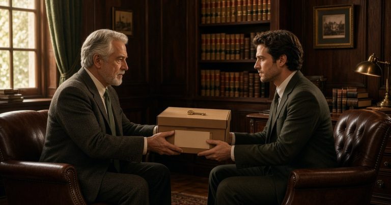 Retiring lawyer handing over a client file box to the lawyer taking over the practice